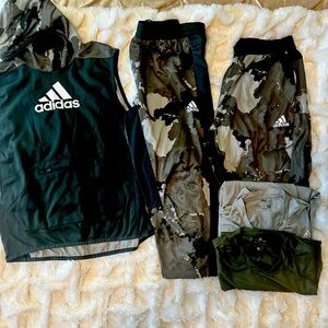 adidas athletic wear: includes sleeveless hoodie, 3/4 pant, shorts,2 drift tees